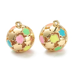 Colorful Brass Enamel Pendants, Real 18K Gold plated, Long-Lasting Plated, Round with Flower, Colorful, 15x13mm, Hole: 1mm