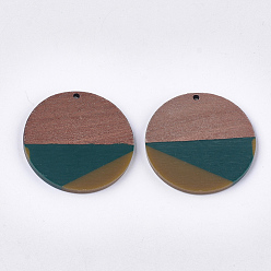 Dark Slate Gray Tri-color Resin & Walnut Wood Pendants, Flat Round, Dark Slate Gray, 38.5x3mm, Hole: 2mm