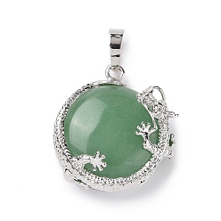 Green Aventurine Natural Green Aventurine Pendant, with Brass Finding, Half Round with Dragon, Platinum, 28~33x25~28x15~16mm, Hole: 5x8mm
