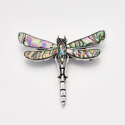 Colorful Abalone Shell/Paua Shell Brooches/Pendants, with Alloy Findings and Resin Bottom, Rhinestone, Dragonfly, Antique Silver, Colorful, 53x62x10mm, Hole: 5x4mm, Pin: 0.7mm