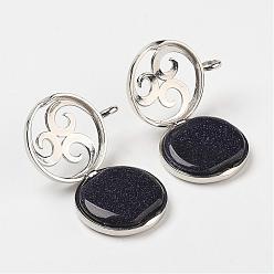 Blue Goldstone Synthetic Blue Goldstone Pendants, with Brass Diffuser Locket Findings, Flat Round, 31x26x8mm, Hole: 4mm