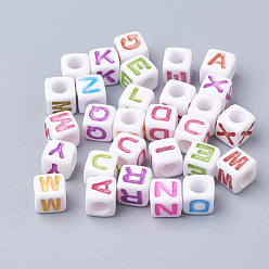 Letter Perles acryliques, trou horizontal, cube avec lettre de couleur mixte, lettre, 6x6x6mm, Trou: 3mm, environ2600 pcs / 500 g