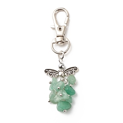 Green Aventurine Natural Green Aventurine Beaded Cluster Pendant Decorates, with Swivel Clasps, Lobster Clasp Charms, Clip-on Charms, for Keychain, Purse, Backpack Ornament, Stitch Marker, Wings, 67~68mm