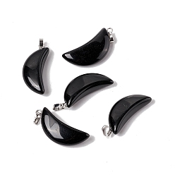 Obsidian Natural Obsidian Pendants, with Platinum Tone Brass Findings, Moon Charm, 33x15x8mm, Hole: 6x3.2mm