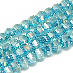 Deep Sky Blue Electroplate Glass Beads Strands, Rainbow Plated, Faceted, Round, Deep Sky Blue, 6x5x5mm, Hole: 1mm, about 95~96pcs/strand, 17.20 inch(43.7cm)