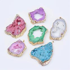 Mixed Color Natural Geode Agate Big Pendants, Dyed, with Brass Findings, Golden, Nuggets, Mixed Color, 56~82x42~67x9~10mm, Hole: 5x8mm