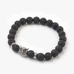 Lava Rock Natural Lava Rock Beads Stretch Bracelets, with Alloy Findings, Owl, Burlap Packing, Antique Silver, 2-1/8 inch(5.3cm), Bag: 12x8.5x3cm