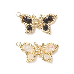 Black 2Pcs 2 Color Glass Seed Beaded Pendants, with Golden Plated 304 Stainless Steel Jump Rings, Butterfly Charms, Black and White, 19x29.5x4mm, Hole: 2.5mm, 1Pc/color
