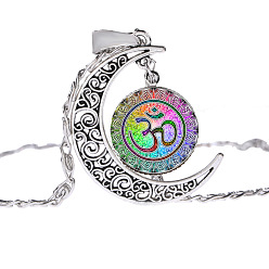 Colorful Moon with Sun Glass Pendant Necklace, Om Aum Ohm Yoga Theme Alloy Jewelry for Women, Colorful, 17.72 inch(45cm)