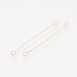 Real 18K Gold Plated Brass Links connectors, Double Sided Eye Pins, Real 18K Gold Plated, 30x2.5x0.3mm, Hole: 1.5mm