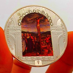 Cross Flat Round with Jesus Steel Commemorative Coins, Lucky Coins for Easter, with Protection Case, 40x3mm