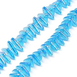 Light Sky Blue Electroplate Transparent Glass Beads Strands, Rainbow Plated, Triangle, Light Sky Blue, 9x15.5~16mm, Hole: 1mm, about 120pcs/strand, 24.57~25.67''(62.4~65.2cm)