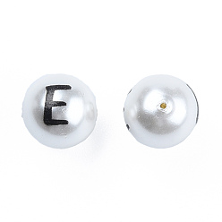 Letter E ABS Plastic Imitation Pearl Beads, with Printed, Round with Letter, Letter.E, 10mm, Hole: 1mm