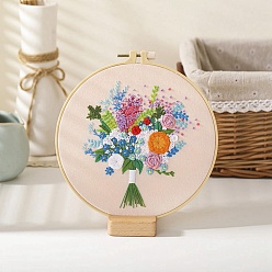 Pink DIY Bouquet Pattern Embroidery Kit, Including Imitation Bamboo Frame, Iron Pins, Cloth, Colorful Threads, Pink, 213x201x9.5mm, Inner Diameter: 183mm