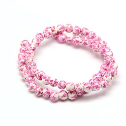 Pearl Pink Handmade Flower Printed Porcelain Ceramic Beads Strands, Round, Pearl Pink, 6mm, Hole: 2mm, about 60pcs/strand, 13 inch