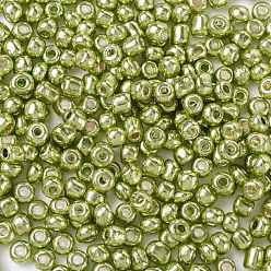 Kaki Foncé 6/0 perles de rocaille de verre, style de couleurs métalliques, ronde, kaki foncé, 6/0, 4mm, Trou: 1.5mm, environ 4500 pcs / livre