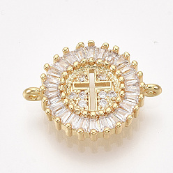 Golden Brass Micro Pave Cubic Zirconia Links, Flat Round with Cross, Clear, Golden, 14x18x3mm, Hole: 0.8mm