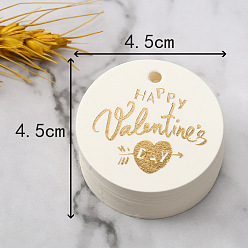 Blanc Étiquettes-cadeaux en papier, étiquettes de suspension, rond avec le mot d'estampage d'or happy valentine's day, blanc, 4.5 cm, 100 pcs /sachet 