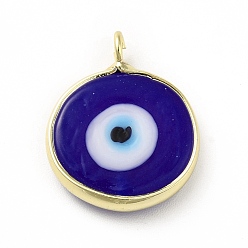 Blue Handmade Evil Eye Lampwork Pendants, with Rack Plating Brass Findings, Long-Lasting Plated, Flat Round, Blue, 18~19x15~16x4mm, Hole: 2mm