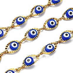 Blue 304 Stainless Steel Link Chains, with Evil Eye Acrylic Bead, Soldered, with Spool, Real 18K Gold Plated, Blue, Eye: 10.5x6x3mm, Link: 6x2x1mm, 10m/roll