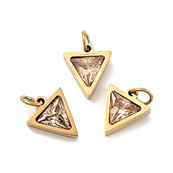 PeachPuff Vacuum Plating 304 Stainless Steel Pendants, with Cubic Zirconia and Jump Rings, Single Stone Charms, Triangle, Golden, PeachPuff, 11x9.5x3mm, Hole: 3.6mm