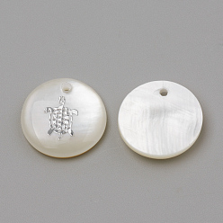 Platinum Freshwater Shell Pendants, Flat Round & Tortoise, Platinum, 16x3.5~4mm, Hole: 1.2mm