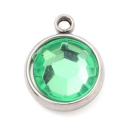 Lt.Emerald 304 Stainless Steel Charms, with Acrylic Rhinestone, Birthstone Charms, Faceted, Flat Round, Stainless Steel Color, Lt.Emerald, 12x10x4.4mm, Hole: 1.3mm