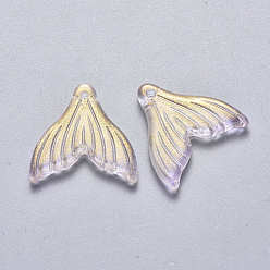 Lilac Transparent Spray Painted Glass Pendants, with Glitter Powder, Fishtail Shape, Lilac, 19x19.5x3.5mm, Hole: 1.2mm