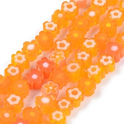 Orange Main millefiori perles de verre brins, fleur, orange, 3.7~5.6x2.6mm, trou: 1mm, environ 88~110 pcs/chapelet, 15.75'' (40 cm)
