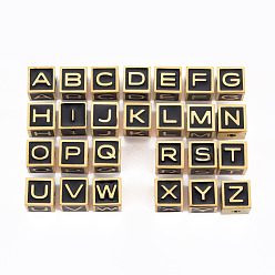 Letter A~Z 304 Stainless Steel Beads, with Enamel, Pink, Cube with Letter, Golden, Letter A~Z, 7x7x7mm, Hole: 2mm