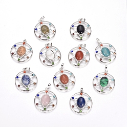 Mixed Stone Chakras Style, Natural & Synthetic Mixed Gemstone Pendants, with Platinum Tone Brass Findings and Rhinestone, Flat Round with Star, 38.5x34x8.5mm, Hole: 7x4mm