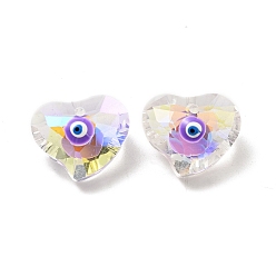 Blue Violet Transparent Glass Beads, with Enamel, Faceted, Heart with Evil Eye Pattern, Blue Violet, 15.5x18.5x10mm, Hole: 1.6mm
