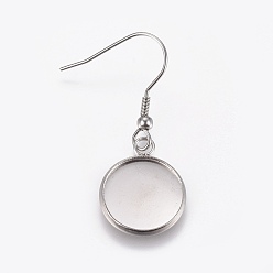 Stainless Steel Color Stainless Steel Dangle Earrings, Cabochon Settings, Flat Round, Stainless Steel Color, Tray: 14mm, Pendant: 18x15.5x2mm, 38mm, 21 Gauge, Pin: 0.7mm