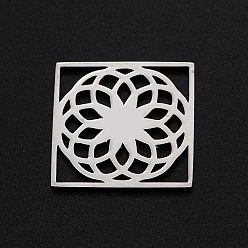 Stainless Steel Color 201 Stainless Steel Filigree Joiners Links, Laser Cut, Square with Flower of Life, Stainless Steel Color, 18x18x1mm