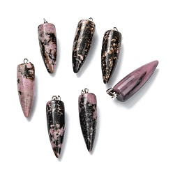 Rhodonite Natural Rhodonite Pendants, with Platinum Brass Findings, Bullet, 32~35x10~11mm, Hole: 7X3mm