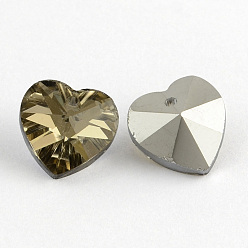 Dark Khaki Heart Electroplated Glass Pendants, Silver Plated Bottom, Faceted, Dark Khaki, 14x14x8mm, Hole: 1.5mm