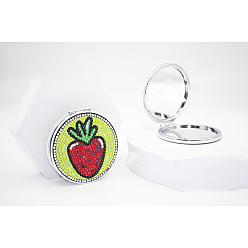 Strawberry DIY Round Mini Makeup Compact Mirror Diamond Painting Kits, Foldable Two Sides Vanity Mirrors Craft, Strawberry Pattern, 80mm, Mirror: 78mm in diameter