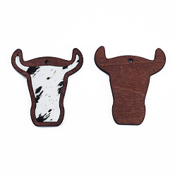 Creamy White Eco-Friendly Cowhide Leather Big Pendants, with Dyed Wood, Cow's Head, Creamy White, 55x50x3mm, Hole: 2.5mm