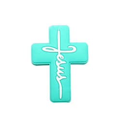 Aigue-marine Croix avec le mot Jésus, perles en silicone de qualité alimentaire, perles de dentition en silicone, aigue-marine, 30x22.2mm