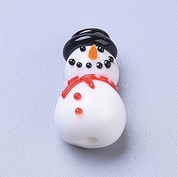 Blanc Perles lampwork, perles au chalumeau, faits à la main, bonhomme de neige de Noël dessin animé, blanc, 21.2x12.2x11mm, Trou: 1.4mm