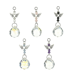 Mixed Stone Angel Natural Mixed Gemstone & Alloy Pendants, with Glass Teardrop Charms, 59mm