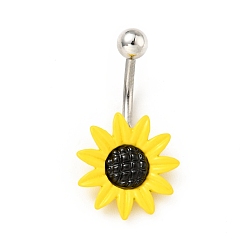 Yellow Alloy Daisy Curved Barbell, 316 Surgical Stainless Steel Piercing Navel Ring for Women, Yellow, 30x16mm, Pin: 1.6mm