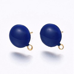 Blue Ion Plating(IP) 304 Stainless Steel Stud Earring Findings, with Loop, Enamel, Flat Round, Golden, Blue, 12.5x10x2mm, Hole: 1.2mm, Pin: 0.8mm, 100pc/bag