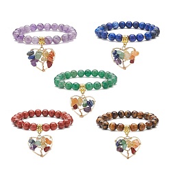 Mixed Stone 5Pcs 5 Style Natural & Synthetic Mixed Gemstone Stretch Bracelets Set, Yoga Chakra Gemstone Chips Heart with Tree Charms Bracelets for Women, Inner Diameter: 2-1/8 inch(5.4cm), 1Pc/style
