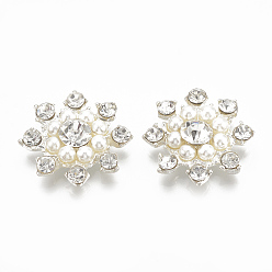 Plata Cabujones de aleación de espalda plana, Con diamantes de imitación y abs imitación de perlas de plástico., flor, cristal, el color plateado de plata, 23x23x6 mm