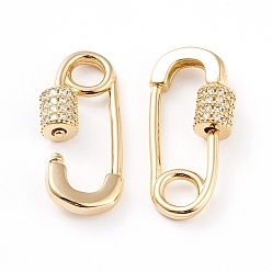 Real 18K Gold Plated Brass Micro Pave Clear Cubic Zirconia Screw Carabiner Lock Charms, for Necklaces Making, Long-Lasting Plated, Safety Pin Shape, Real 18K Gold Plated, 24x11x5mm, Hole: 4mm