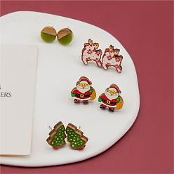 Mixed Color 4 Pairs Santa Claus & Deer & Christmas Tree Printed Wood Stud Earrings, Flat Round Wood & Resin Earring, Mixed Color, 16~17x10~17mm
