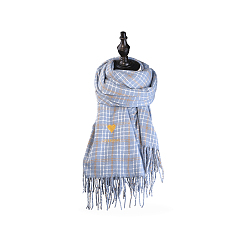 Sky Blue Knitting Wool Long Polyester Tartan Scarf, Couple Style Winter/Fall Warm Soft Scarves, with Embroidered Heart, Sky Blue, 169~210x61cm