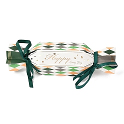 Green Hexagonal Candy Shape Romantic Wedding Gift Box, with Ribbon, Rhombus & Word Pattern, Green, Finished Product: 20x6x5.2cm