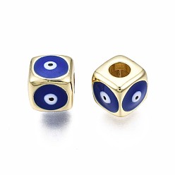 Medium Blue Brass European Beads, with Enamel, Large Hole Beads, Real 18K Gold Plated, Nickel Free, Cube with Evil Eye, Medium Blue, 9x10x10mm, Hole: 4mm